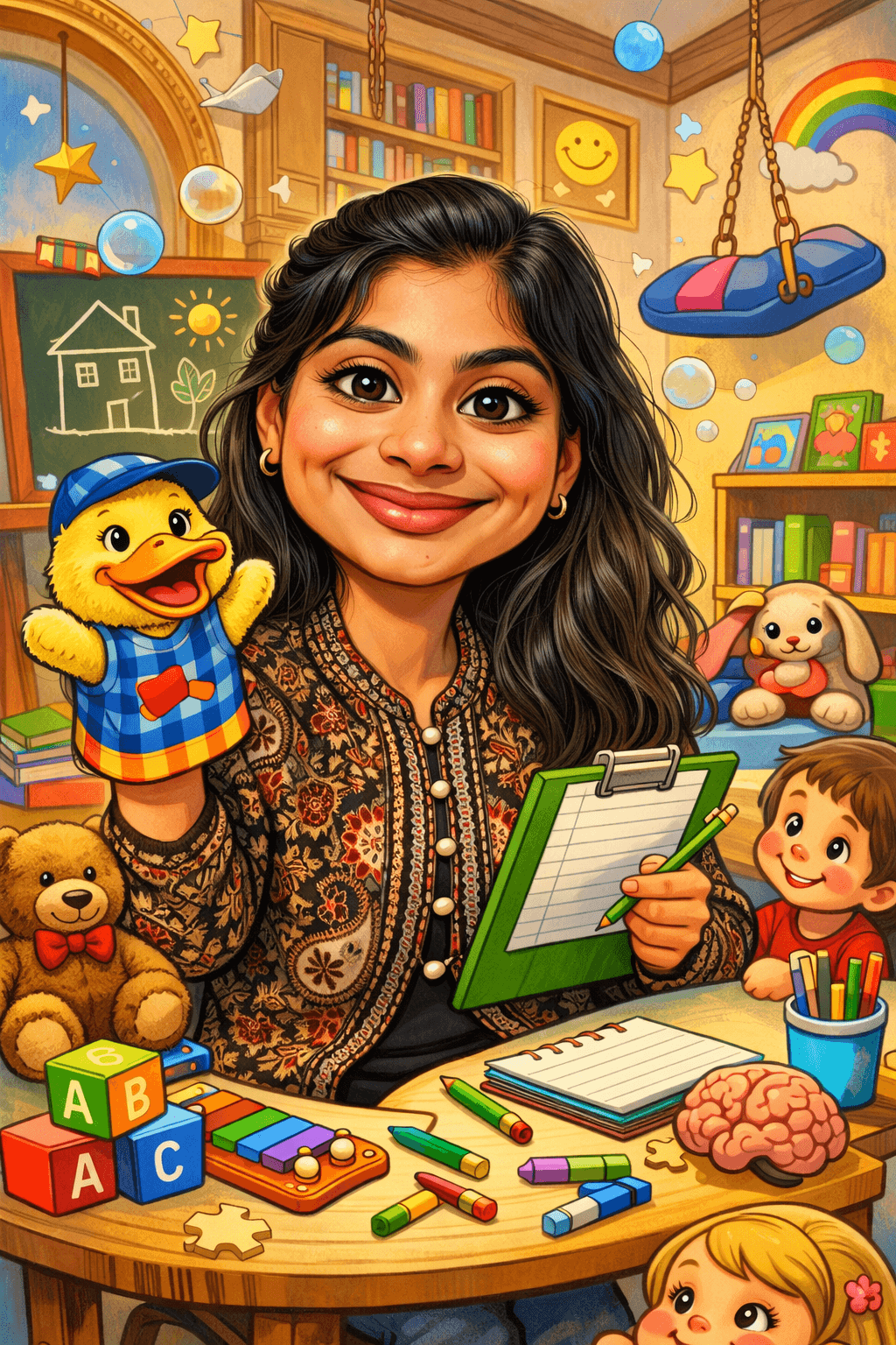 Caricature of Triman with a duck puppet and children